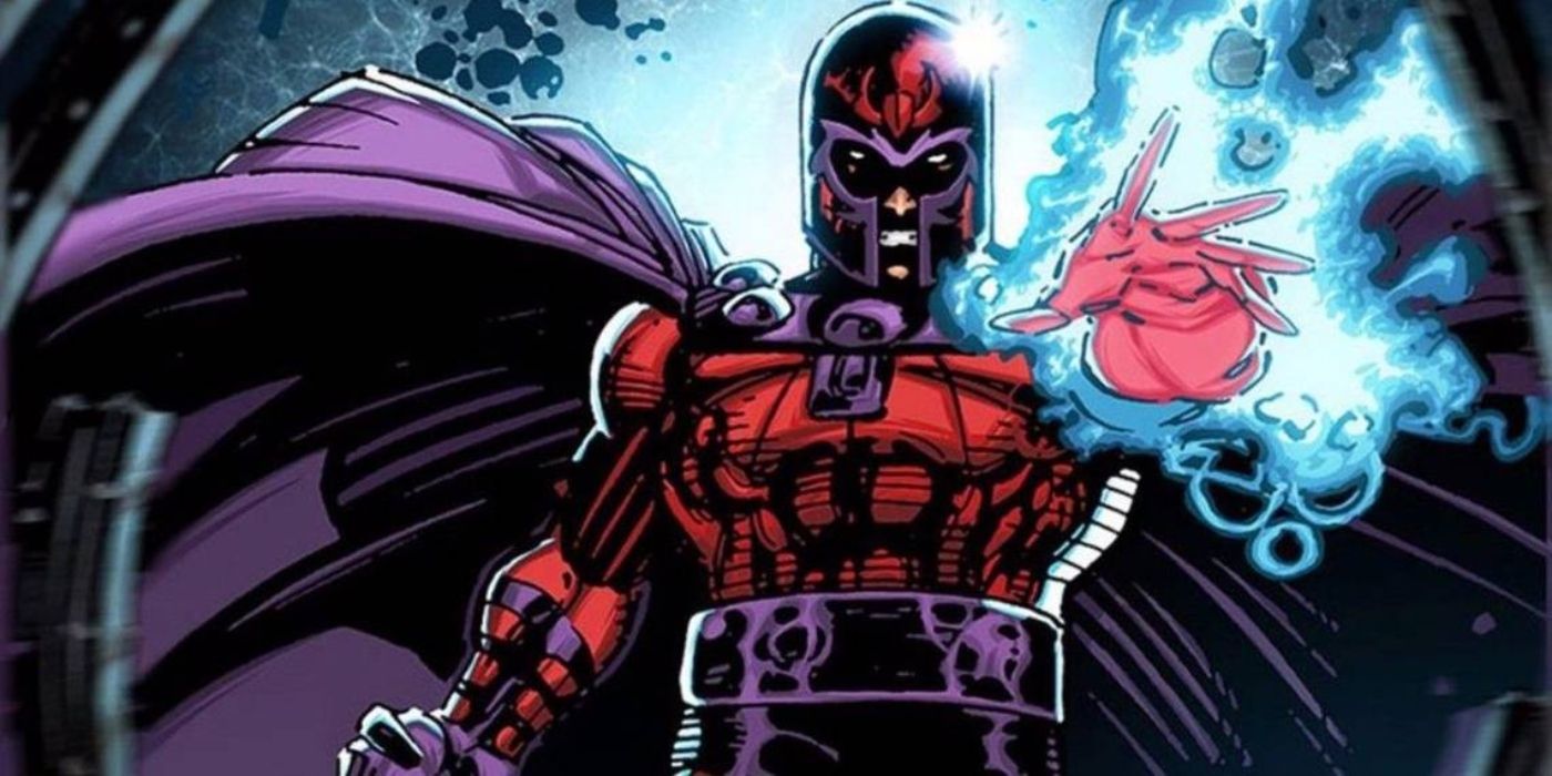 Magneto using his mutant powers, a burst of blue energy coming from his raised hand.