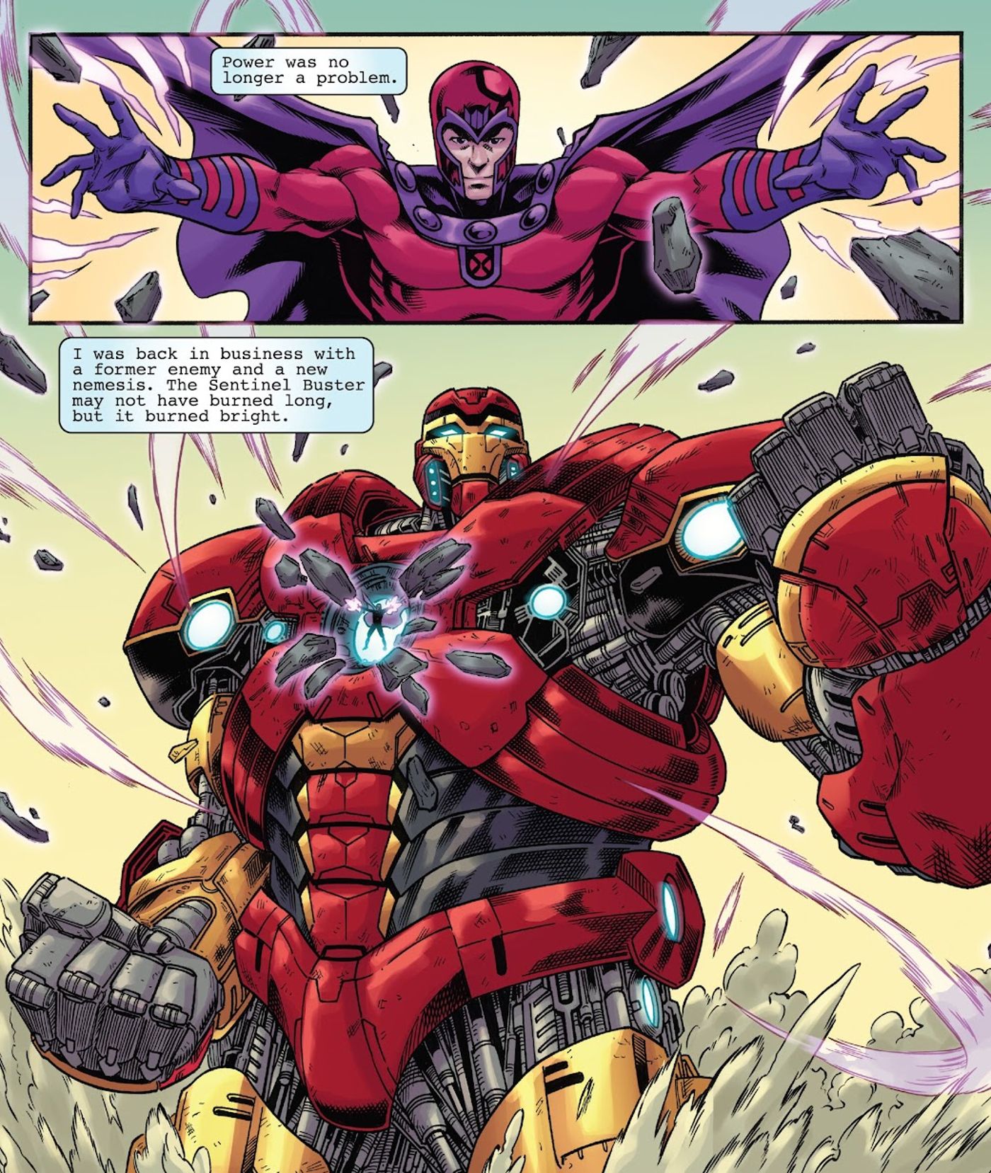 (topo) Magneto puxando metal em sua direção.  (parte inferior) Magneto no centro da Sentinel Buster Armor do Homem de Ferro. 
