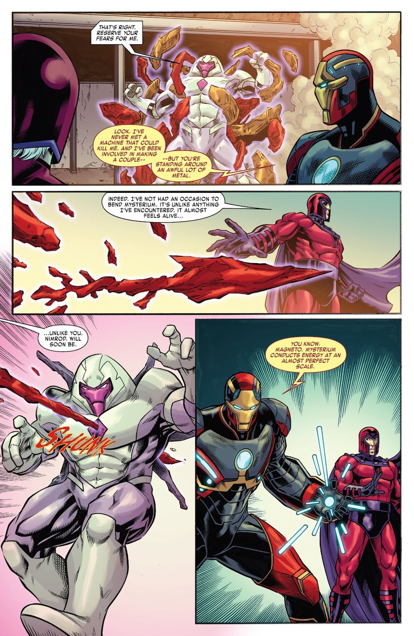 Nimrod está cercado por Mysterium.  Magneto forma uma lança Mysterium e o Homem de Ferro explica suas propriedades energéticas. 