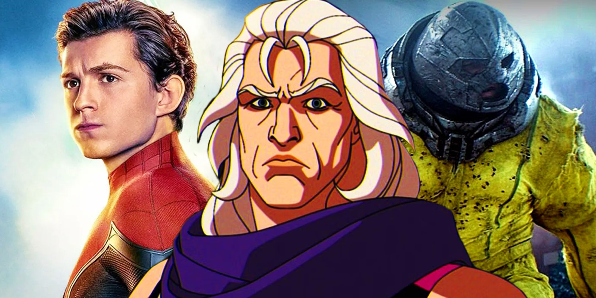 Magneto glaring as seen in X-Men '97 (2024) between Tom Holland as Spider-Man in the poster for Far From Home (2019) and Juggernaut from Deadpool 2 (2018)
