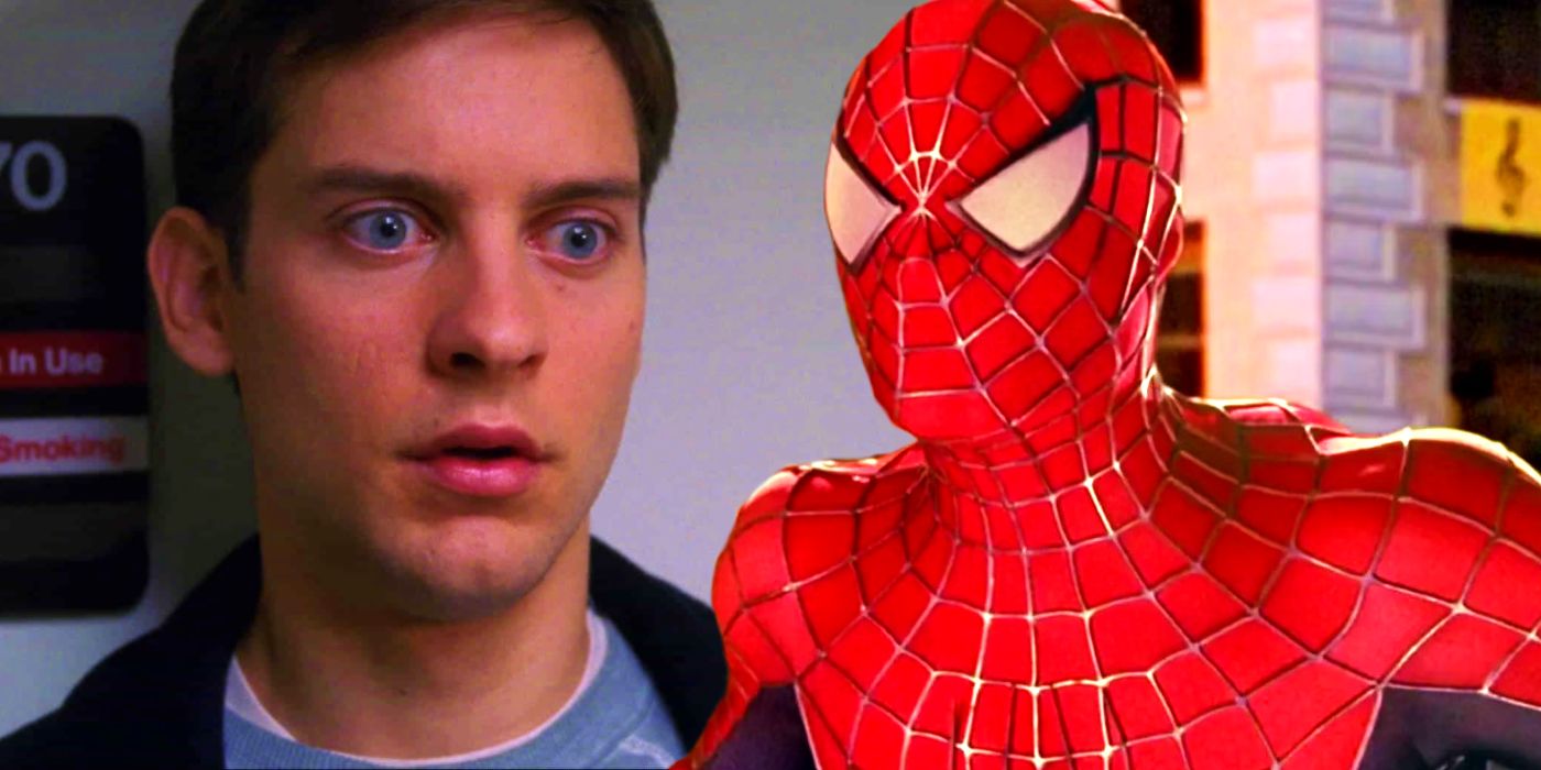 Split image of Tobey Maguire looking worried as Peter Parker and in his Spider-Man suit 