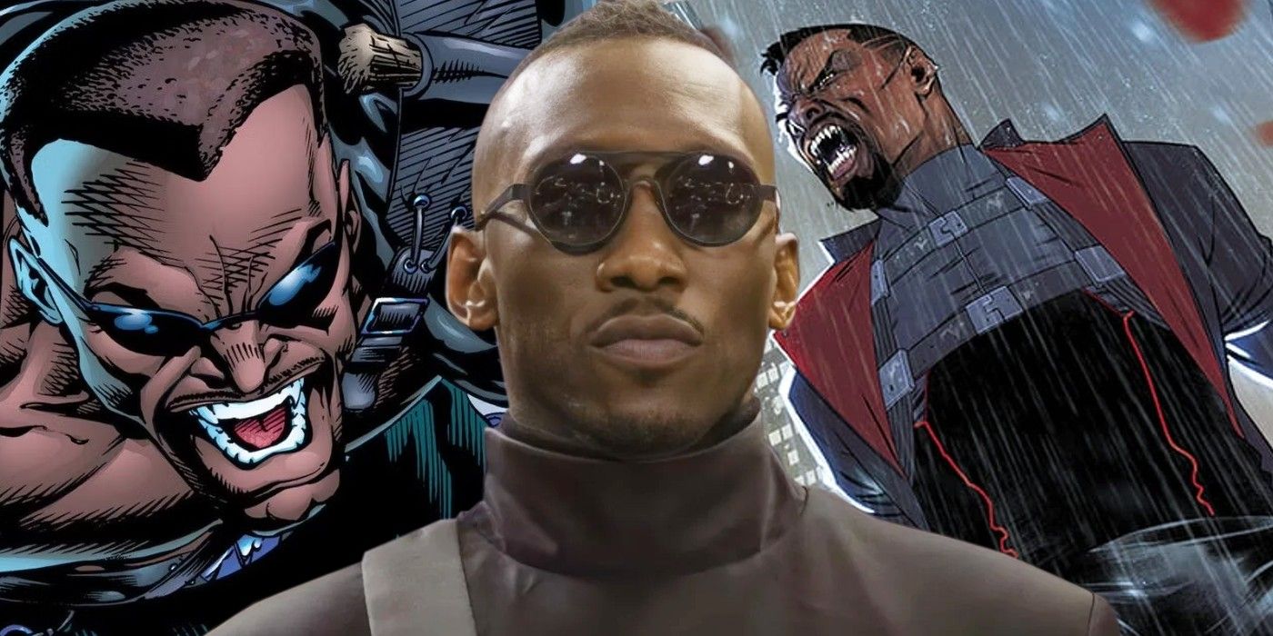 Mahershala Ali flanked by two images of Blade from Marvel Comics