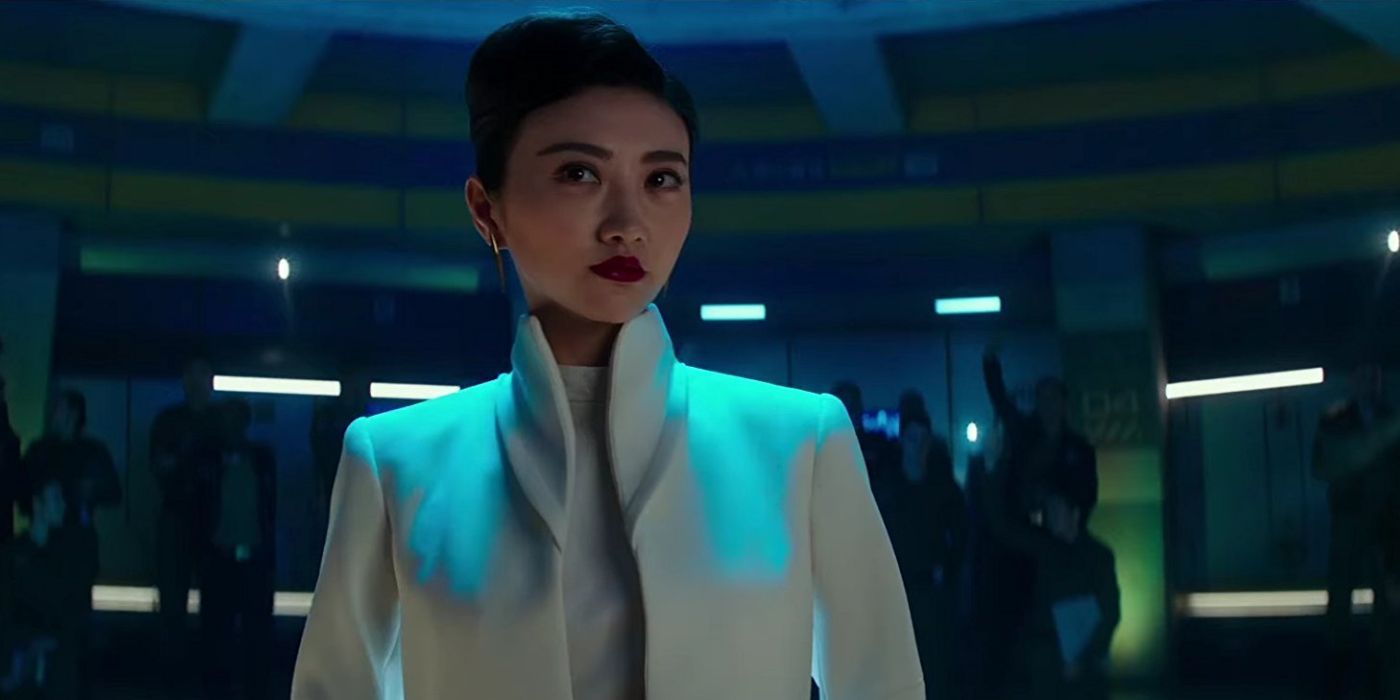 Jing Tian standing in a dark command center in Pacific Rim: Uprising