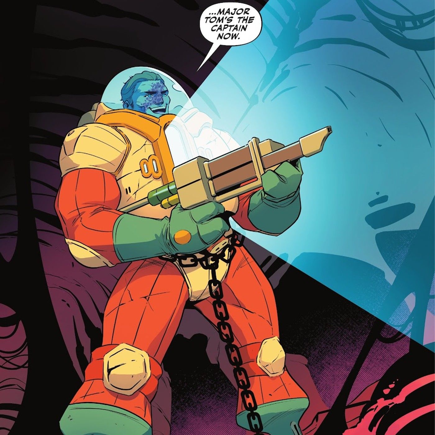 Comic book panel: a new character named Major Tom appears in a red and yellow space suit holding a weapon.
