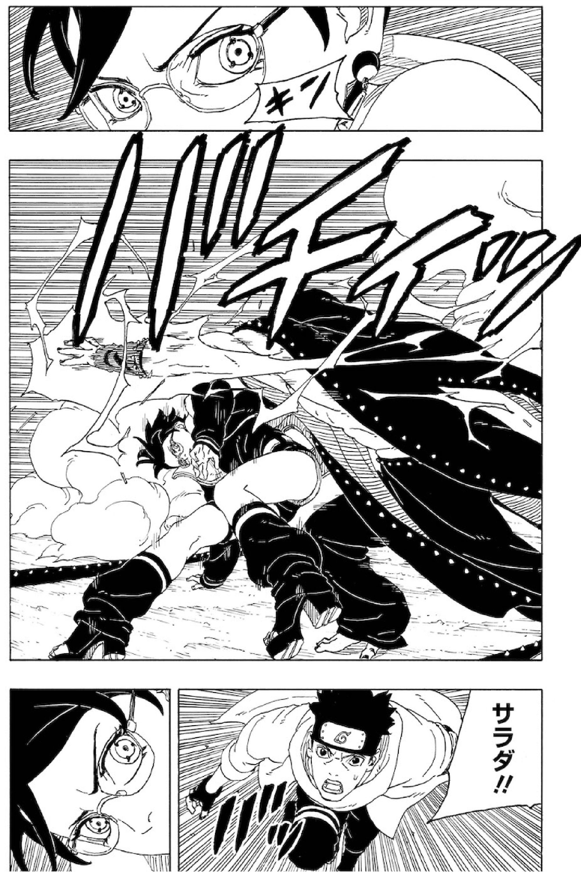 Painel de mangá de Boruto Two Blue Vortex mostrando Sarada fugindo do chidori de Hidari