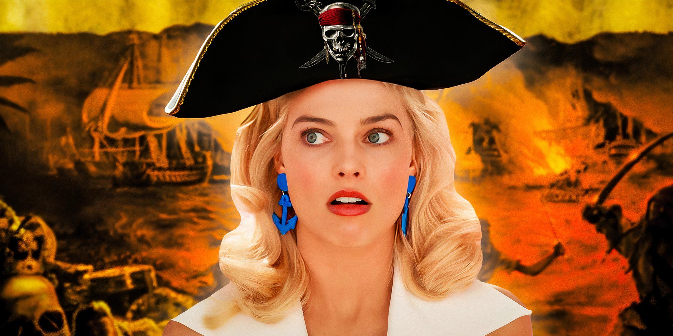 Margot Robbie as Barbie wearing a pirate's hat with the Pirates of the Caribbean logo on it