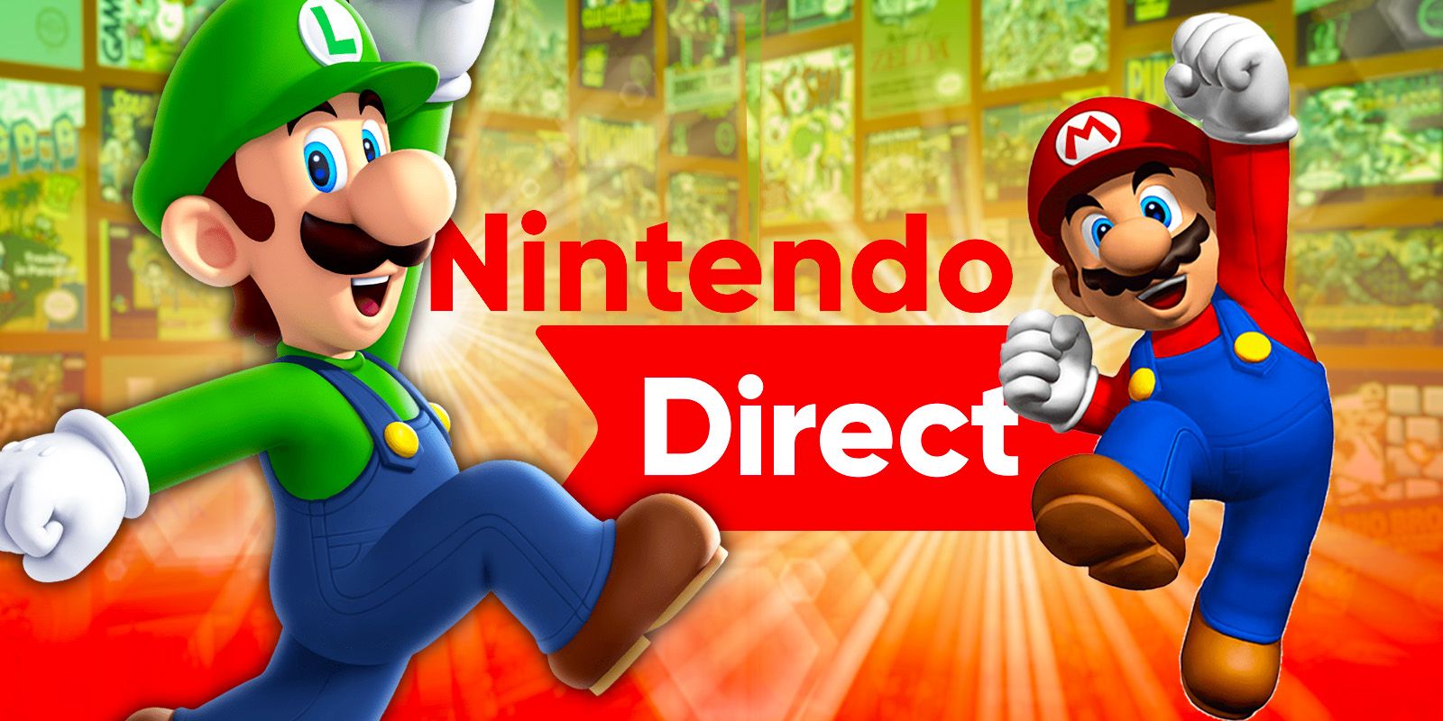 Luigi and Mario jumping on each side of a Nintendo Direct logo.