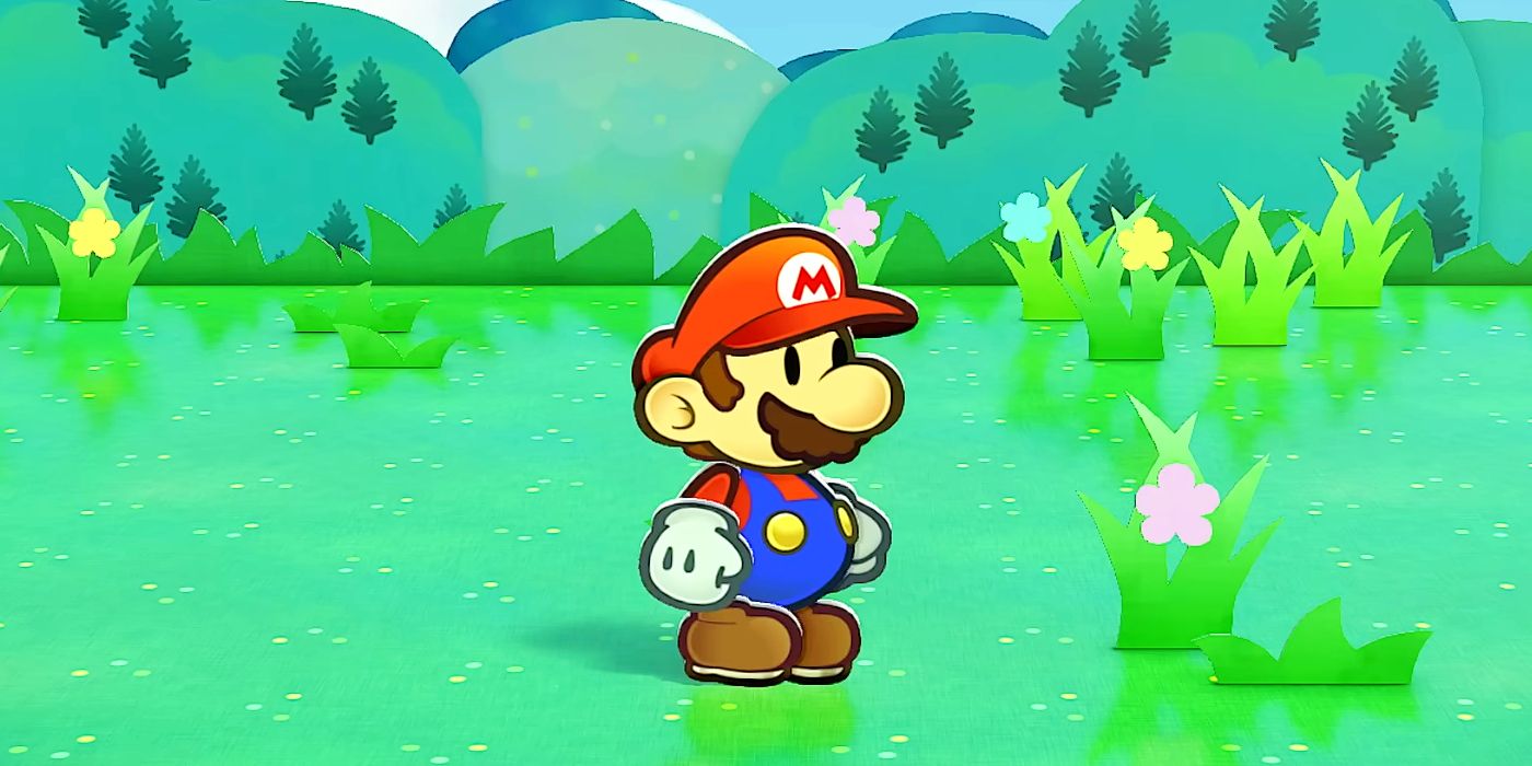 Mario standing in a grass field in Paper Mario: The Thousand-Year Door.