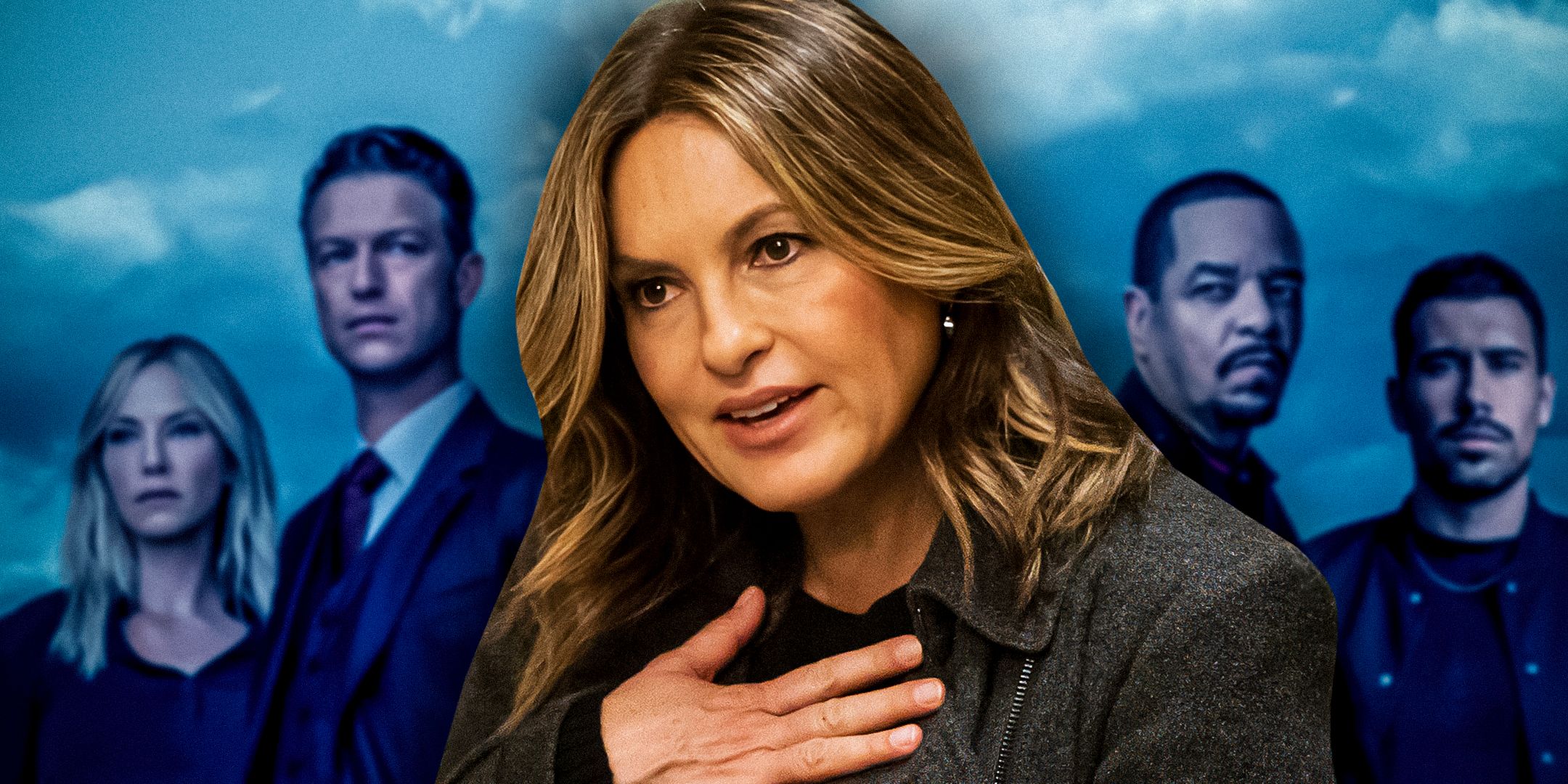 Mariska Hargitay from Law & Order: SVU holding her hand to her heart. Carisi and Fin are in the background.