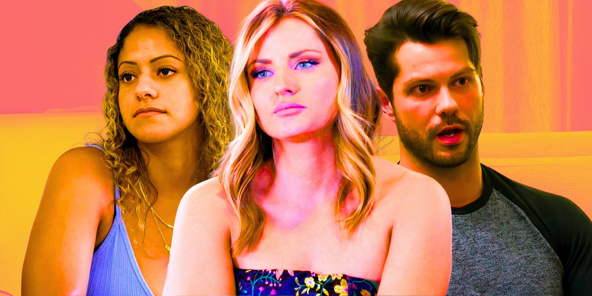 Married at first sight montage featuring Domynique Kloss, Clare Kerr and Zach Justice with serious expressions and a yellow background