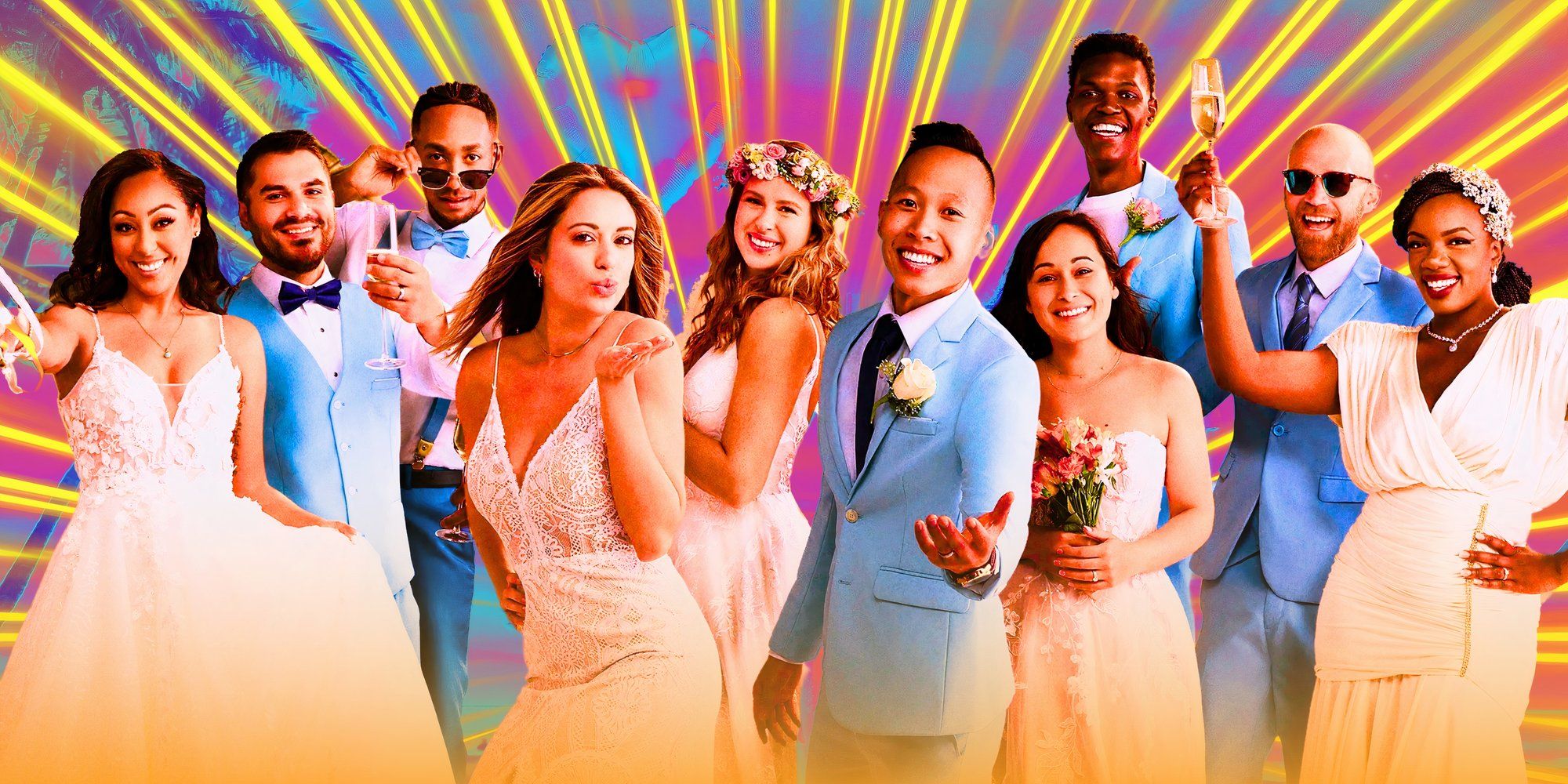 married at first sight season 15 cast wearing formalwear and smiling with colorful yellow pink and blue background