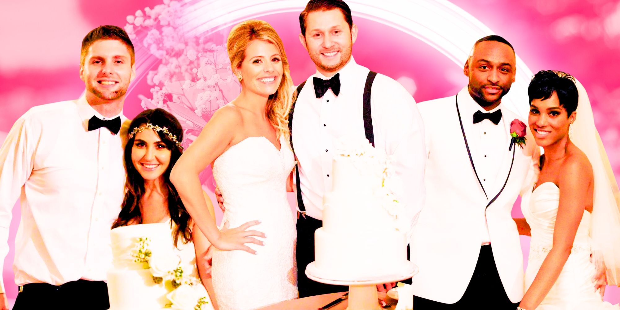 Married at First Sight season 6 cast from wedding photos montage with pink background