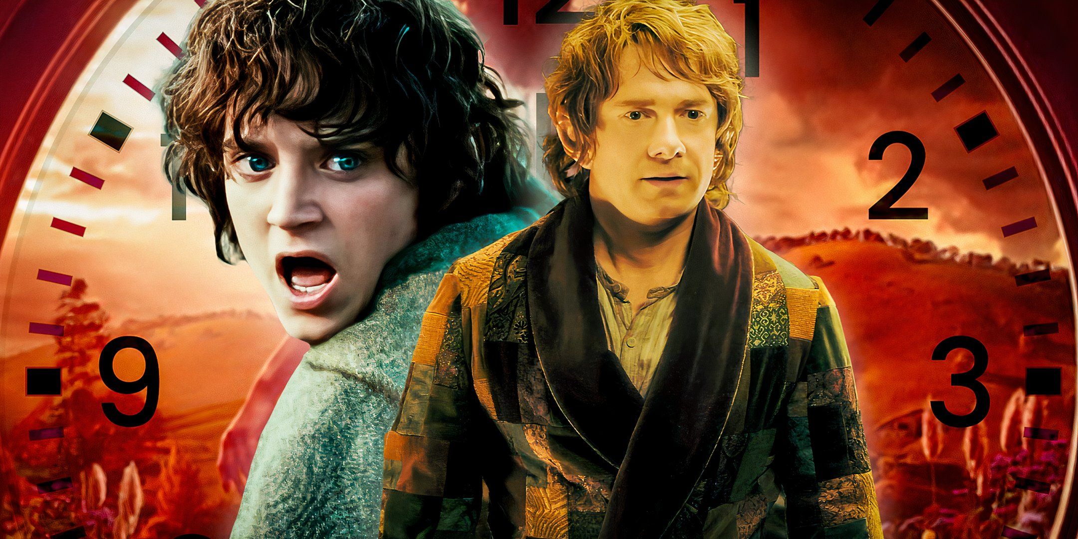 Martin Freeman as Bilbo from The Hobbit An Unexpected Journey and Elijah Wood as Frodo from The Lord of the Rings The Fellowship of the Ring.