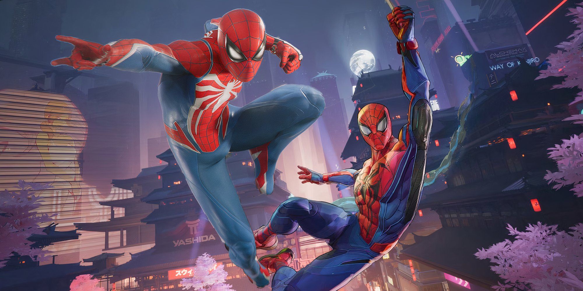 Marvel's Spider-Man and Marvel Rivals' Spider-Man swinging through Neo Tokyo