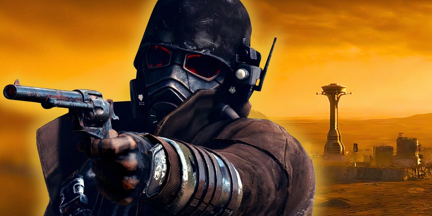 Personagem mascarado de Fallout New Vegas aponta uma arma com o horizonte de New Vegas atrás dele