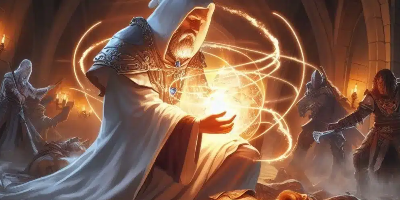 Um feiticeiro vestido segura uma bola de luz dourada brilhante, cercada por mechas circulares da mesma cor, na arte de D&D.