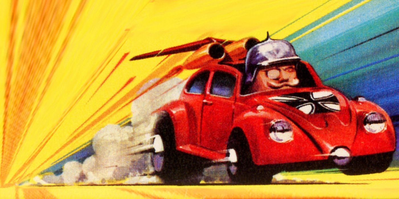 A red beetle-typ car leaves a dust trail against a yellow backdrop in art for Matchbox Cars