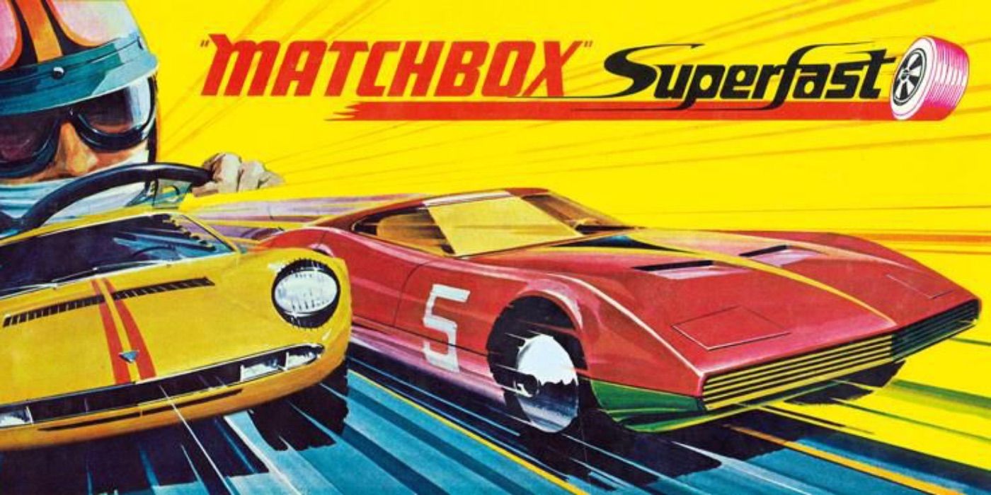 A red and yellow car race in art for the Matchbox Superfast playset