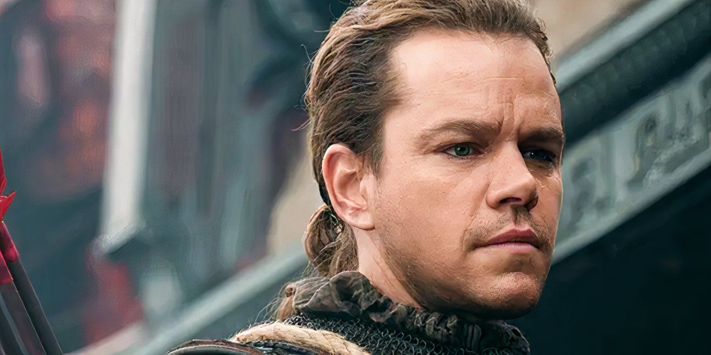 Matt Damon In THe Great Wall with his hair tied back, looking stoic