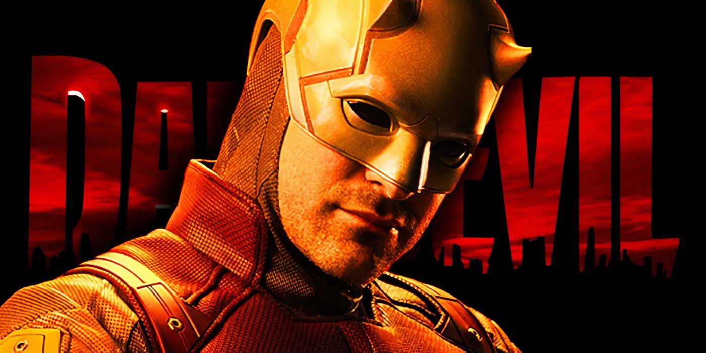 Matt Murdock's Daredevil in his yellow and red costume with Daredevil Born Again's new title card