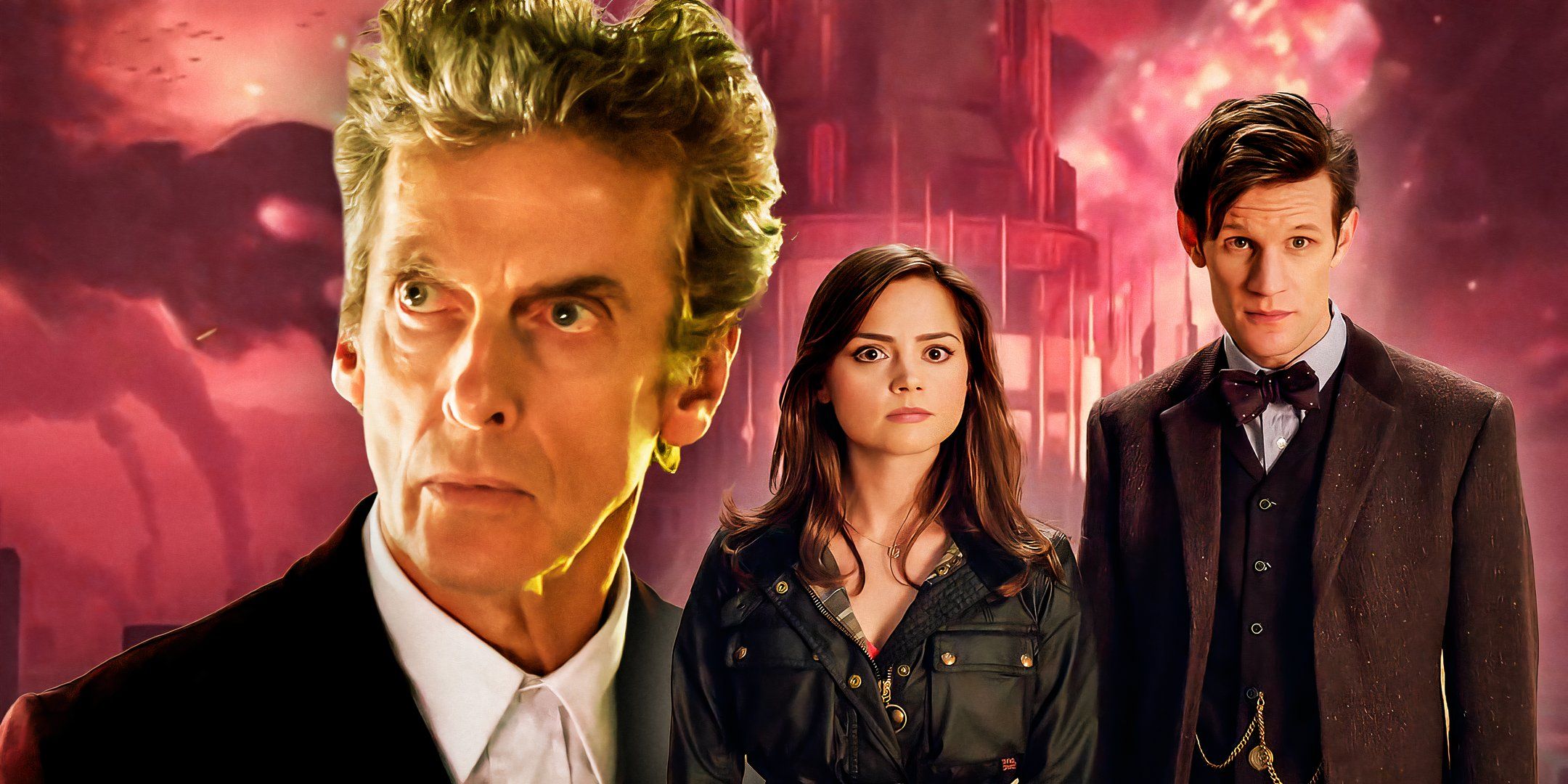 Matt Smith as the Eleventh Doctor, Peter Capaldi as the Twelfth Doctor, and Jenna Coleman as Clara Oswald in Doctor Who