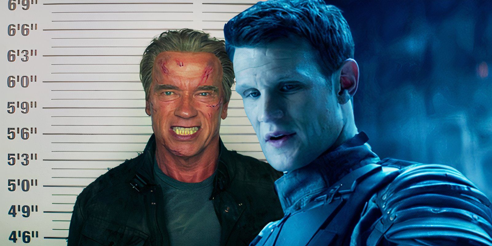 Matt Smith as the T-5000 juxtaposed with Arnold Schwarzenegger in Terminator Genisys-1