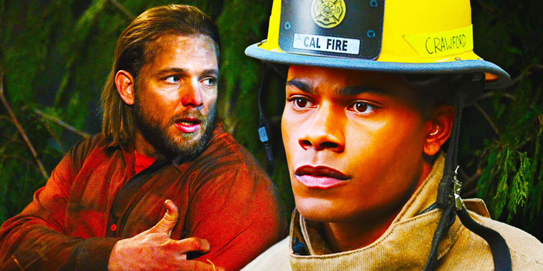 Max Thieriot as Bode Leone and Jordan Calloway as Jake Crawford in Fire Country