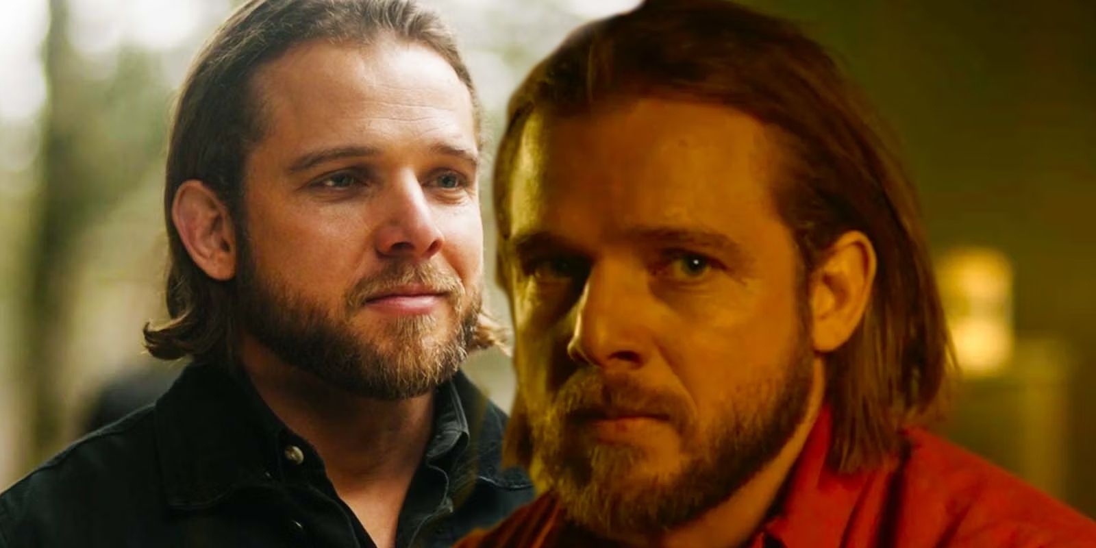 Max Thieriot as Bode Leon smiling next to Bode looking stressed in Fire Country season 2