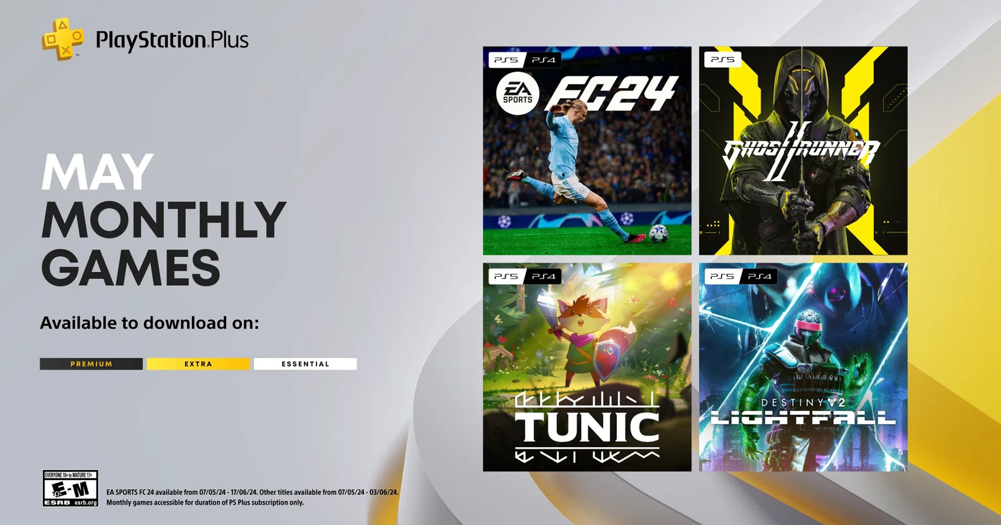 Alinhamento mensal do PS Plus de maio de 2024 mostrando EA Sports FC 24, Ghostrunner 2, Tunic e Destiny 2 Lightfall.