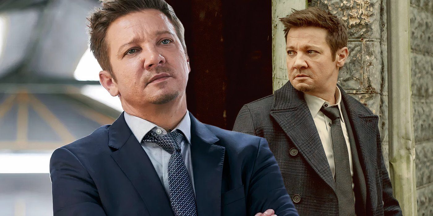 A composite image of Jeremy Renner crossing his arms as Mike McLusky with Renner walking out of doorway in Mayor of Kingstown