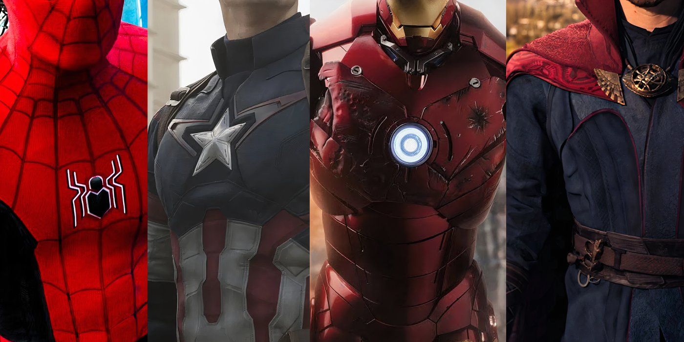 MCU Costumes Spider-Man Captain America Iron Man and Doctor Strange images beside each other without head