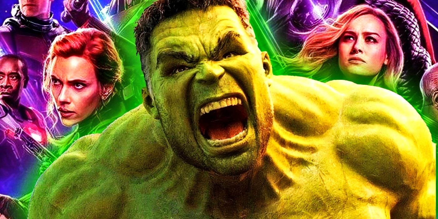 MCU Hulk screaming with the Avengers behind him.