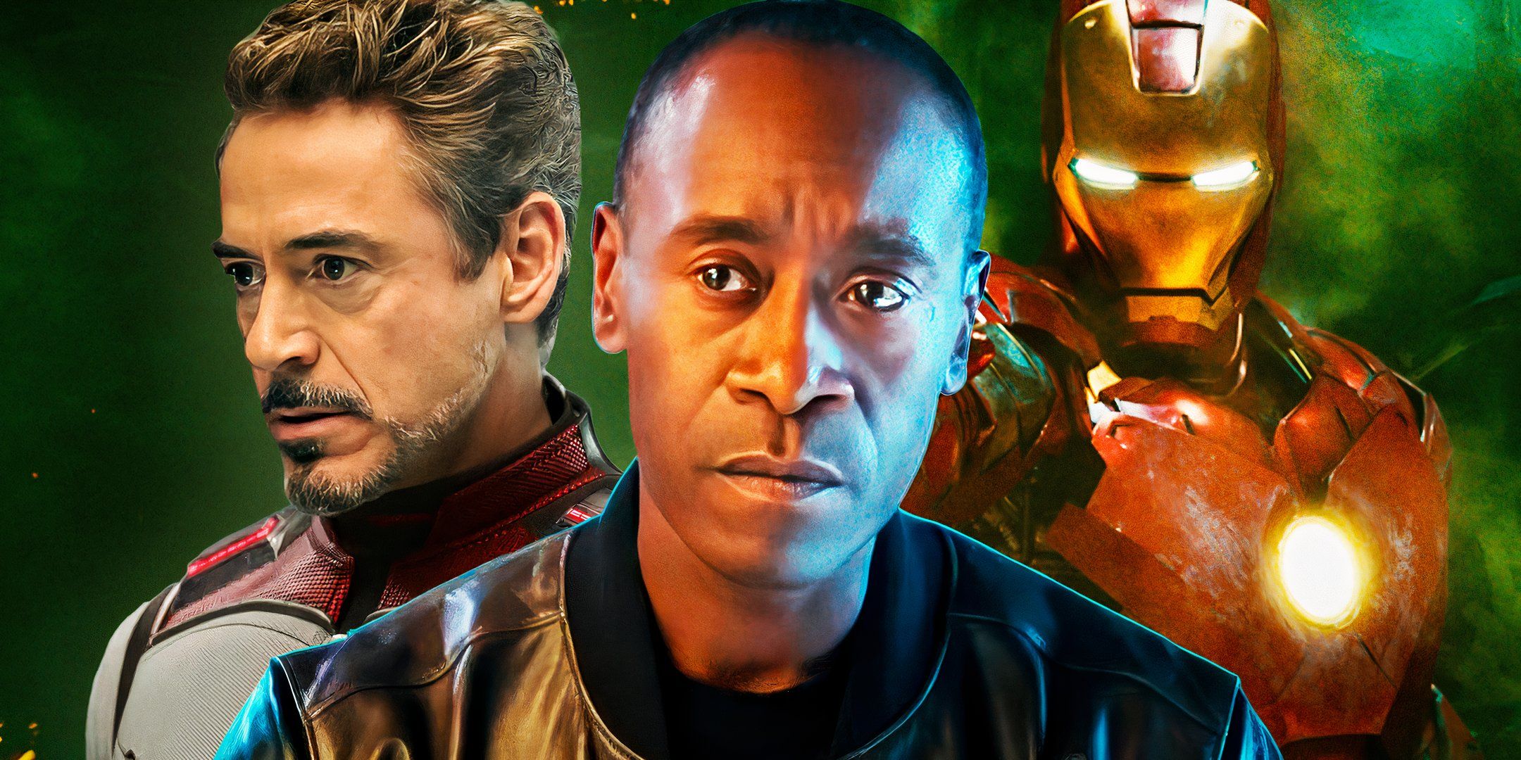 MCU Tony Stark in Endgame next to Rhodey and Iron Man