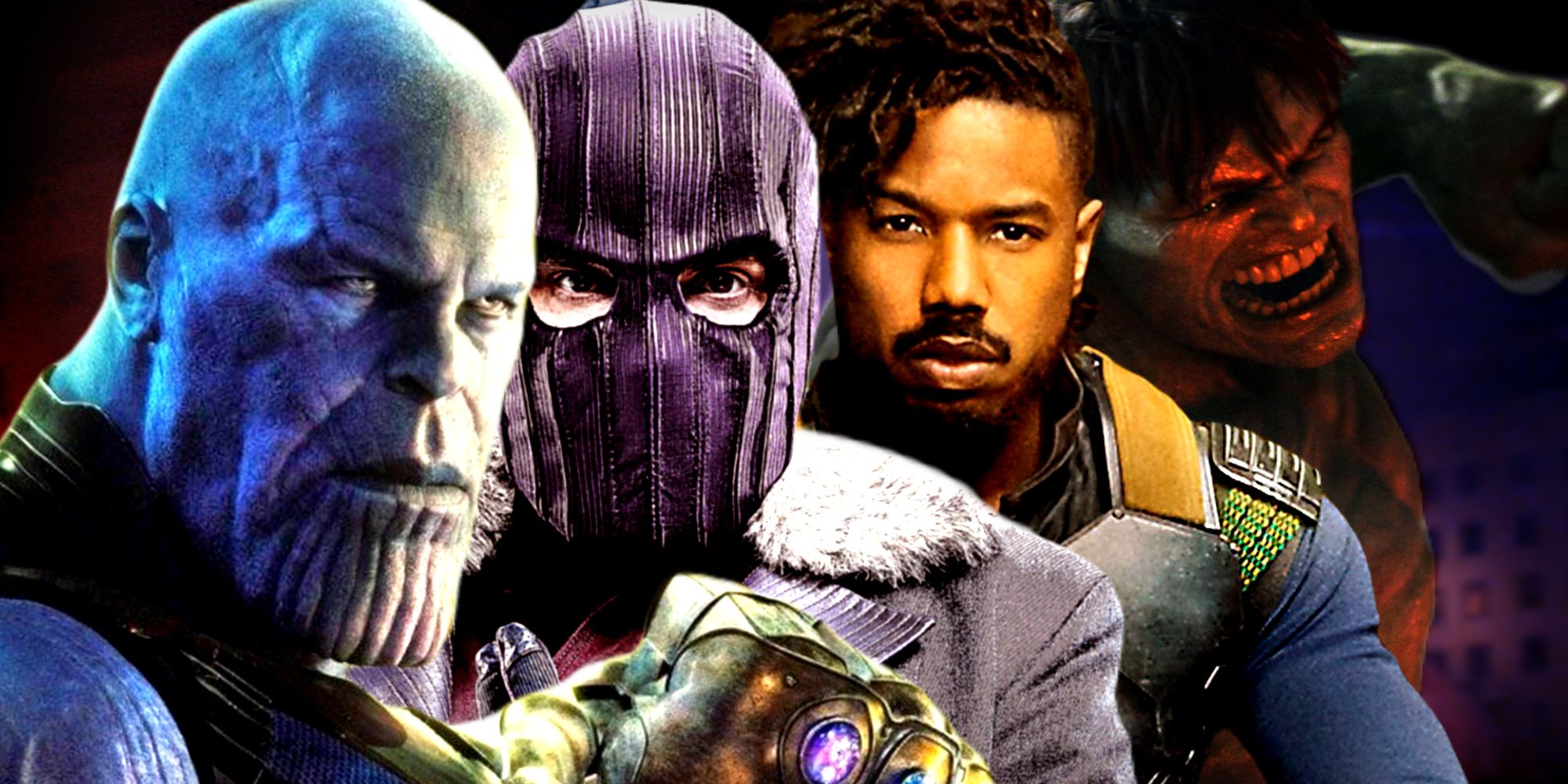 MCU Villains Thanos, Baron Zemo, and Eric Killmonger with The Incredible Hulk in the Background