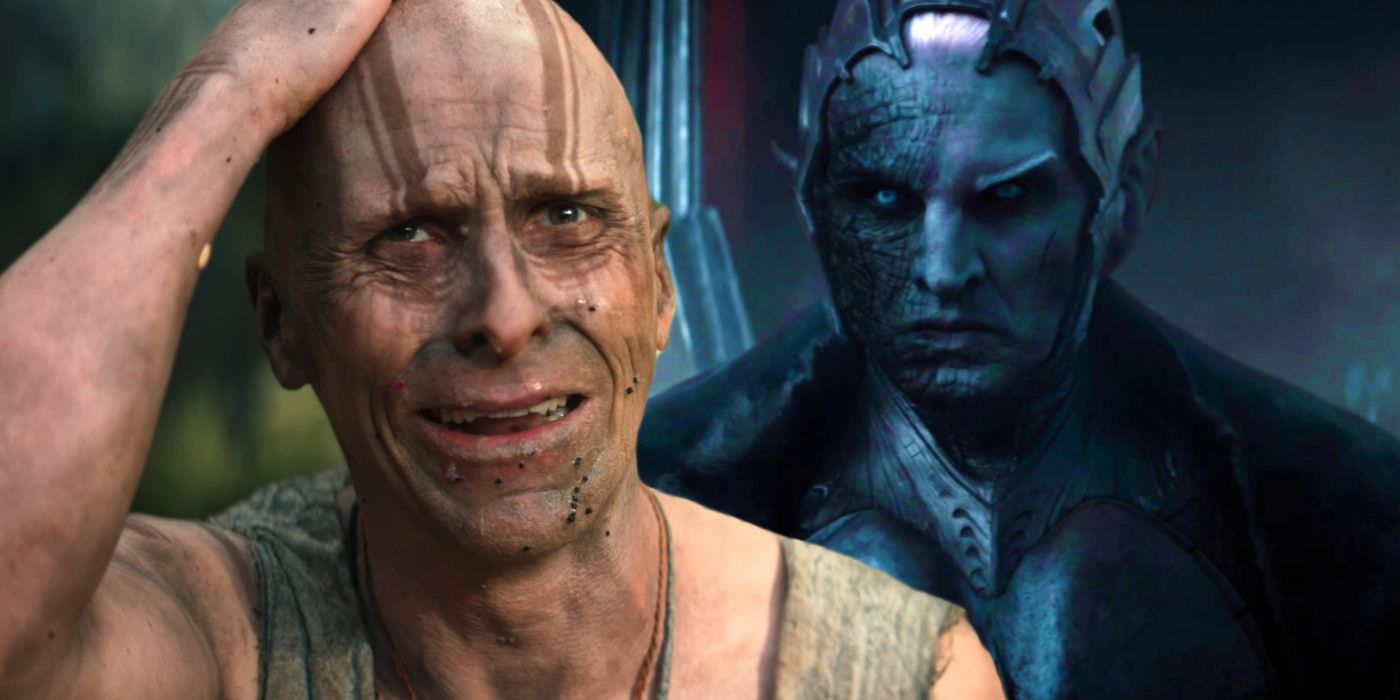 Split image of Christian Bale as Gorr holding his head in dismay in Thor: Love and Thunder and Christopher Eccleston as Malekith in Thor: The Dark World