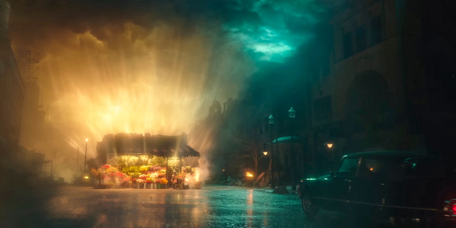 A flower shop illuminated from above in the middle of the night in Megalopolis