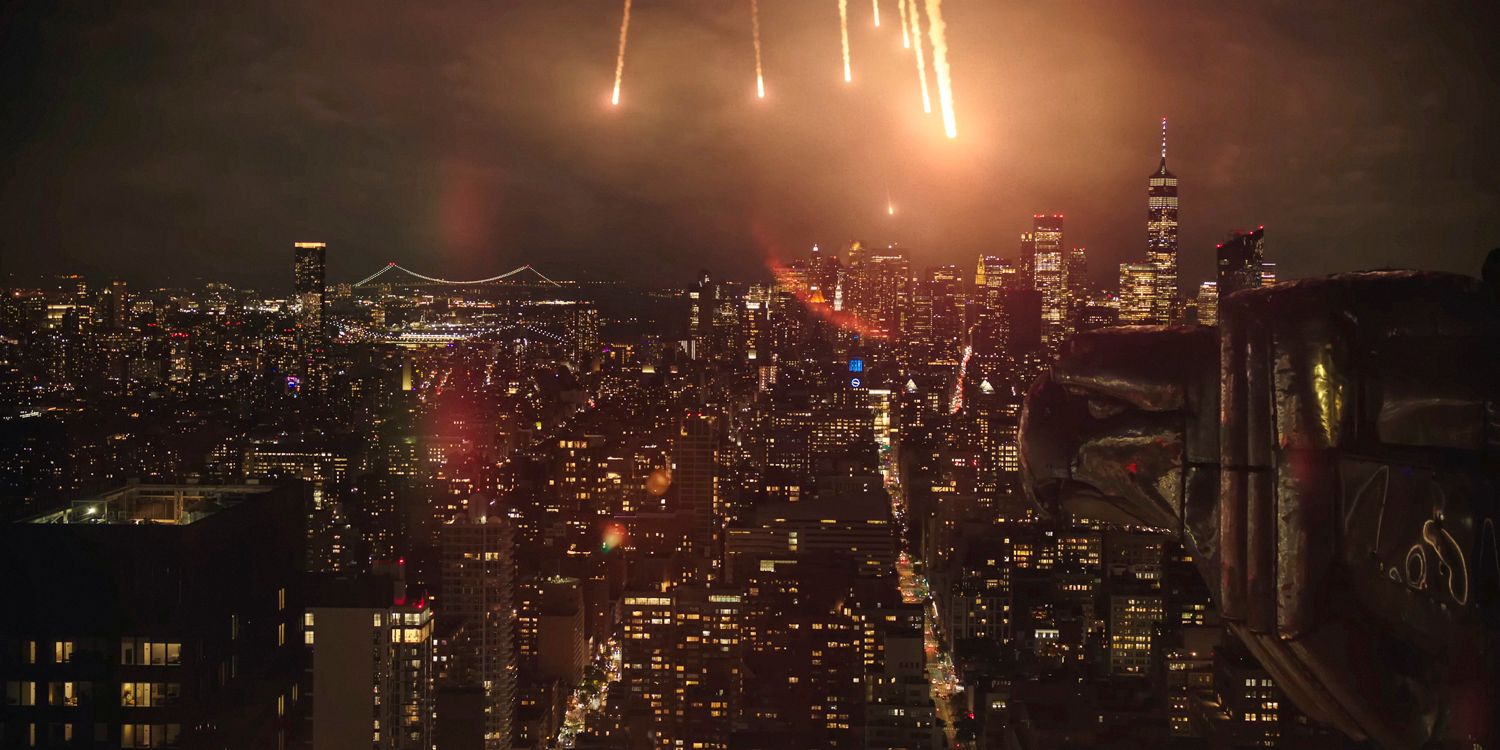 A wide shot of meteors falling over the city of New York at night in Megalopolis