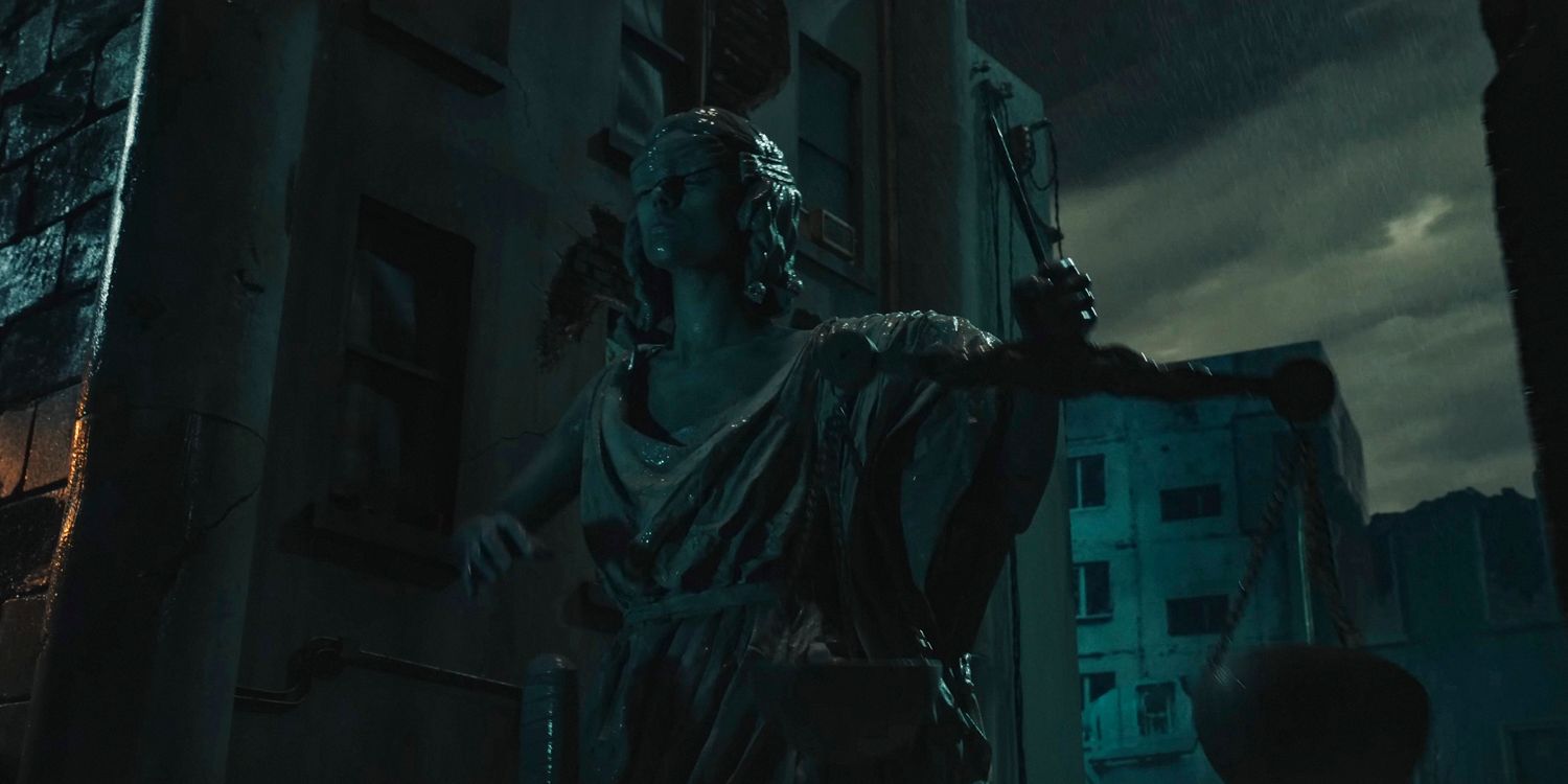 A huge marble statue of lady justice comes to life in Megalopolis