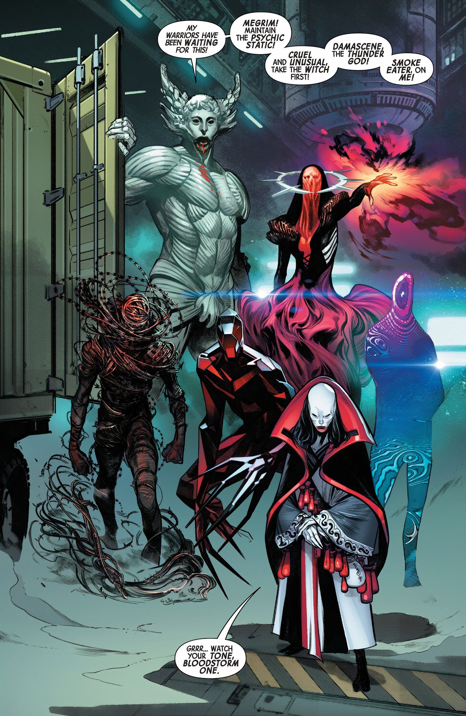Six members of the Bloodcoven stand together and receive orders from Bloodstorm One.
