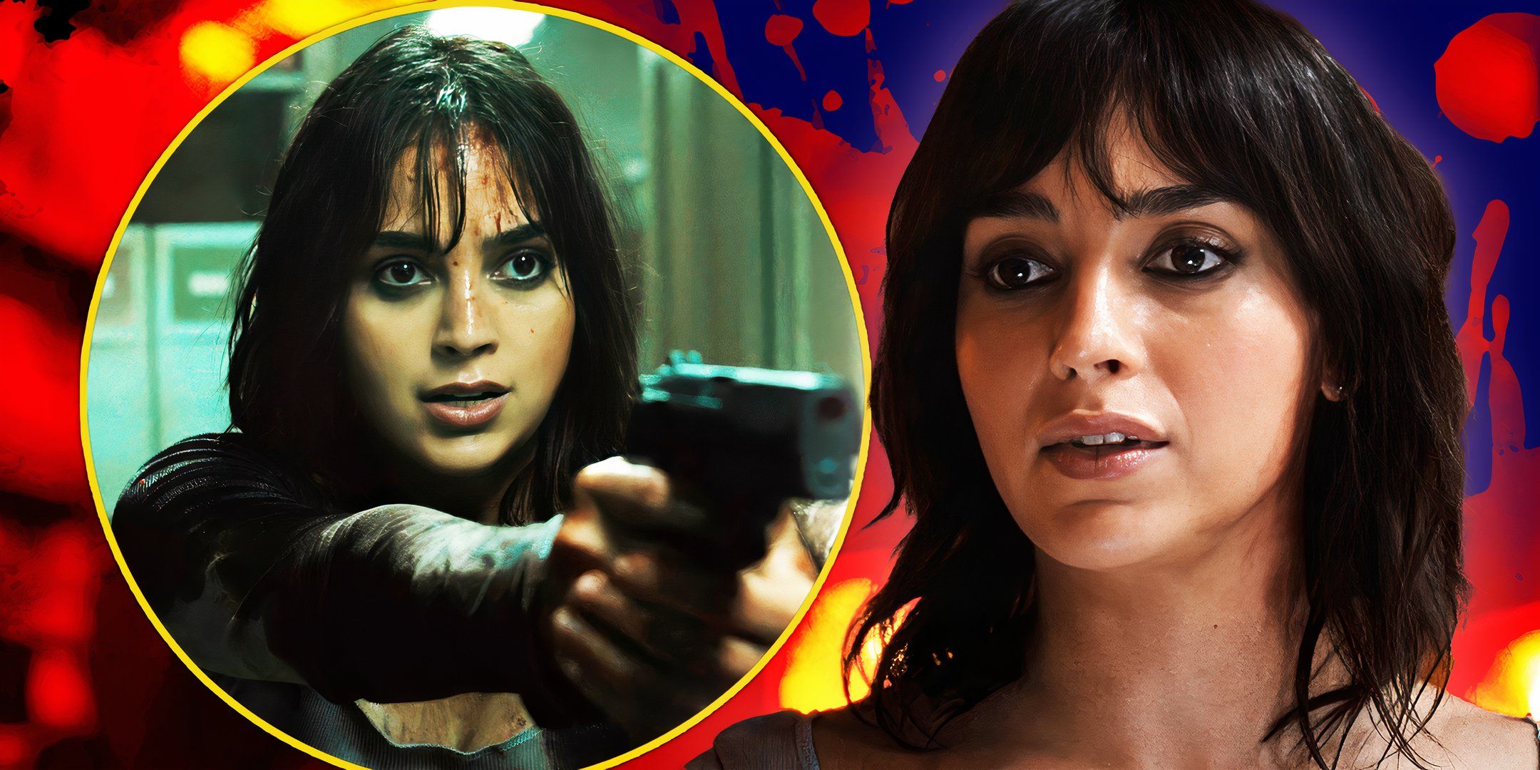 Melissa Barrera as Joey aiming a gun and looking bloody in Abigail Exclusive header
