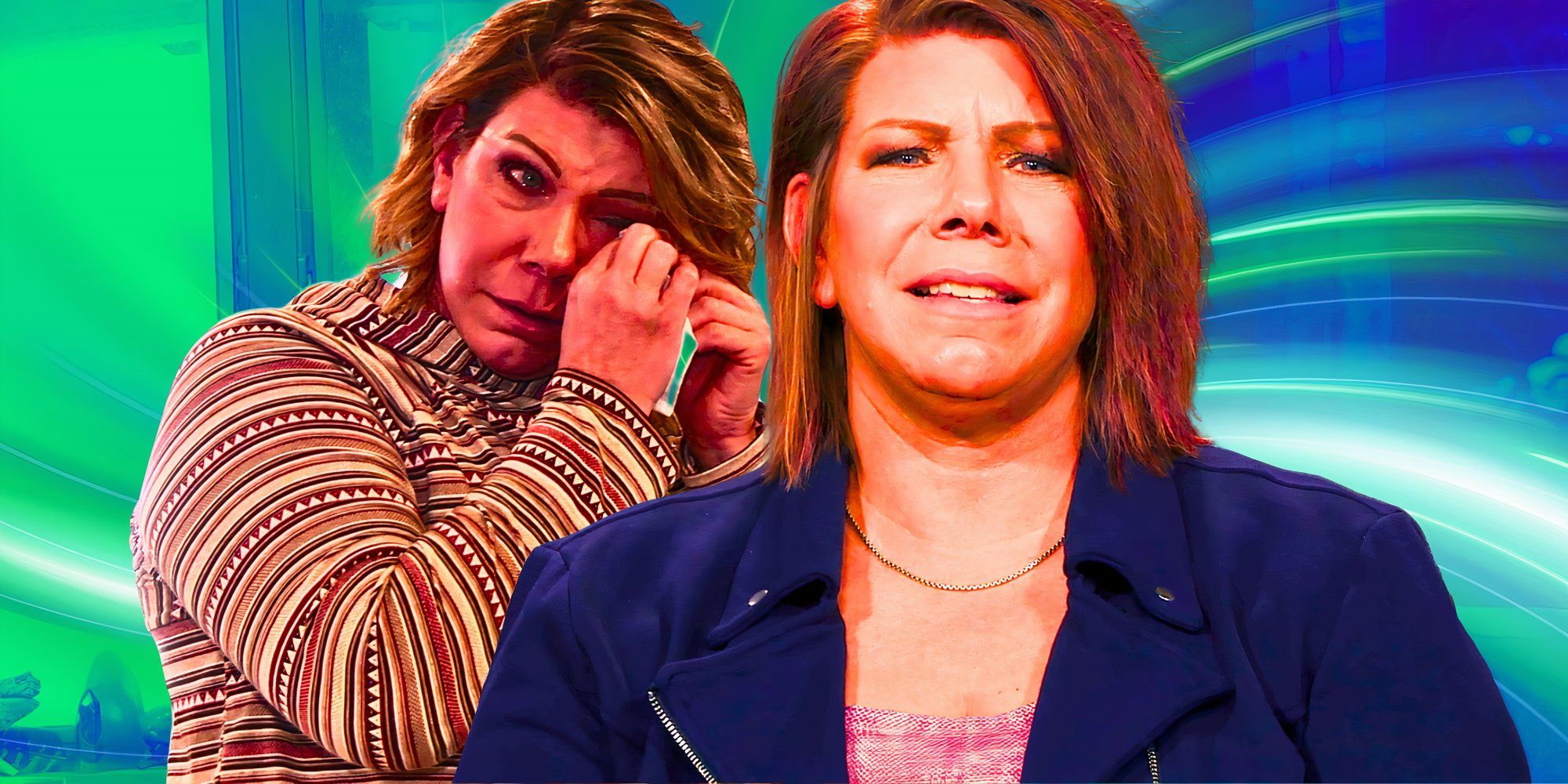 meri brown from sisters wives in crying montage with two poses of her sobbing and a green and blue background
