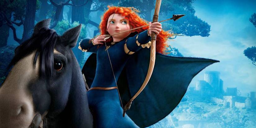 Merida riding on a horse holding a bow and arrow.