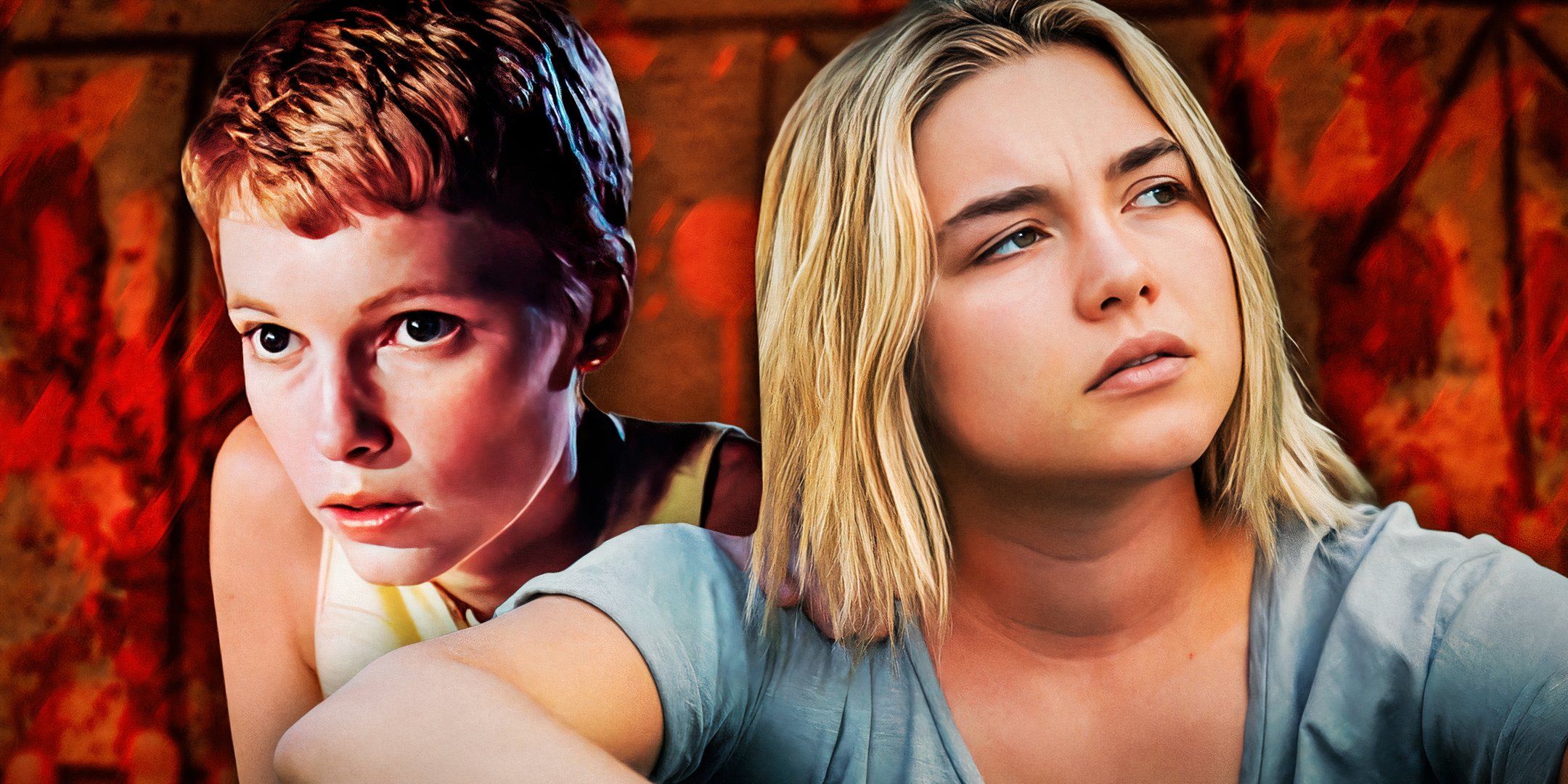 A custom image where Mia Farrow from Rosemary's Baby is next to Florence Pugh from Midsommar.