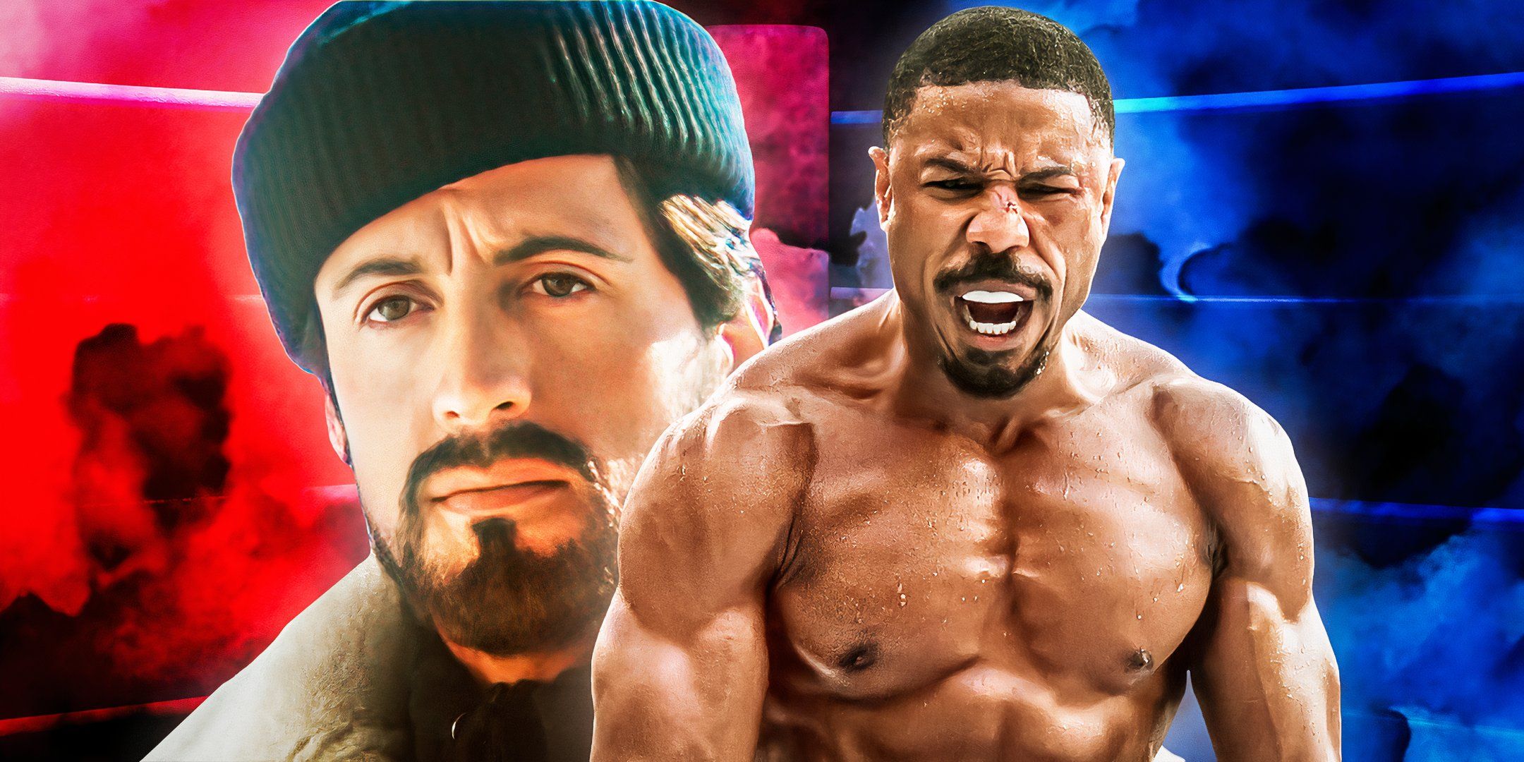 (Michael B. Jordan como Adonis Creed) de Creed III y (Sylvester Stallone como Rocky Balboa) de Rocky IV