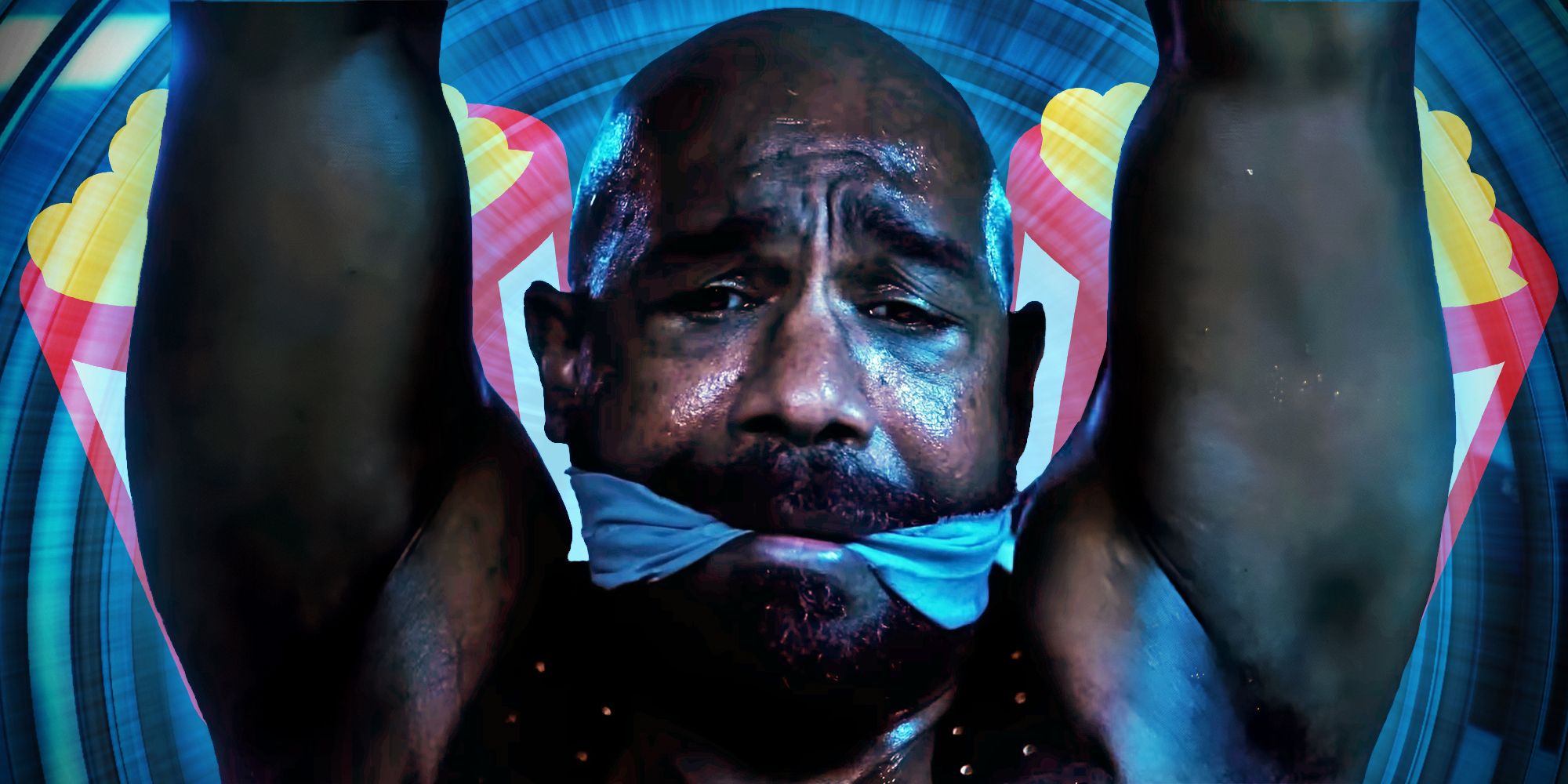 Michael Beach in Saw X's Post-Credits Scene with Rotten Tomatoes Popcorn Buckets In The Background
