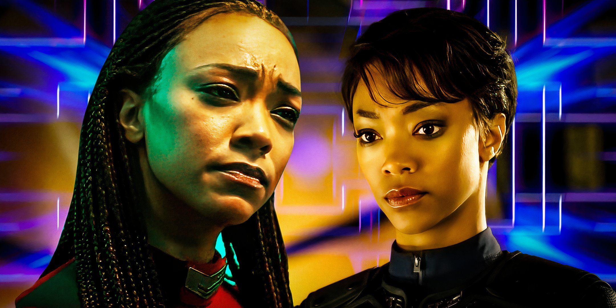 A collage of two images of Michael Burnham (Sonequa Martin-Green) from Star Trek: Discovery seasons 1 and 5 on a multicolored background.