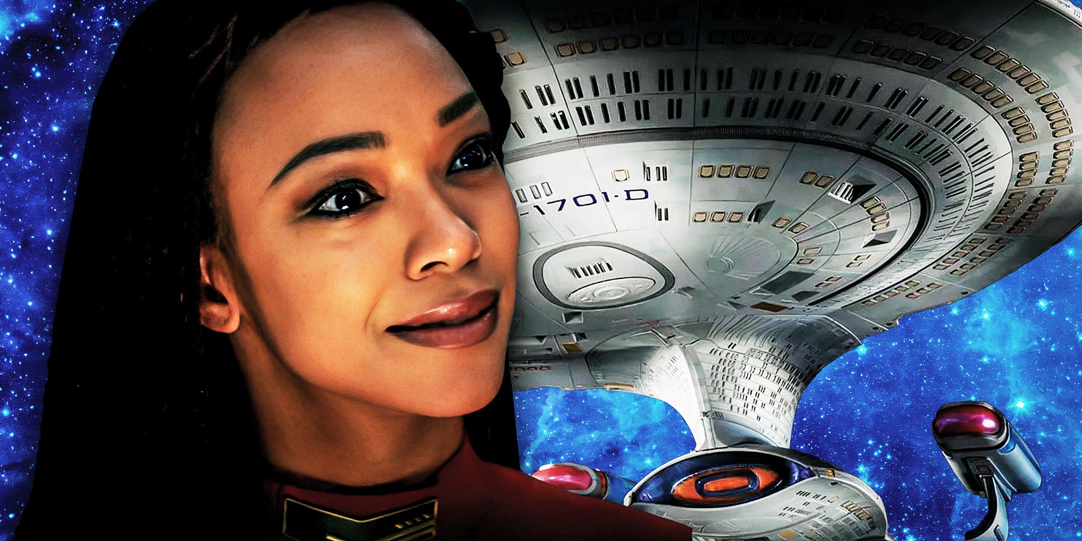 A collage of Captain Michael Burnham (Sonequa Martin-Green) fro Star Trek: Discovery with the USS Enterprise-D from Star Trek: TNG in the background.