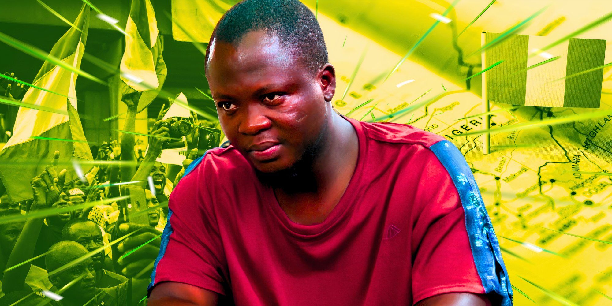 Montage Of Michael Ilesanmi 90 Day Fiancé wearing red shirt looking slim with neon green backdrop