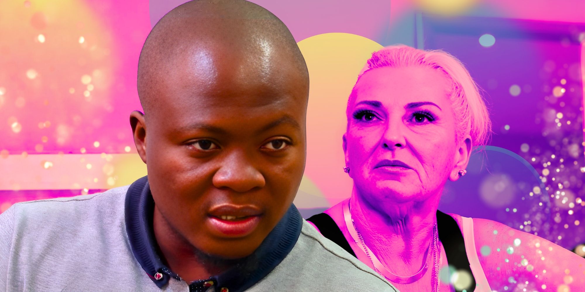 michael ilesanmi and angela deem from 90 day fiance in montage featuring intense expressions and pink and yellow background