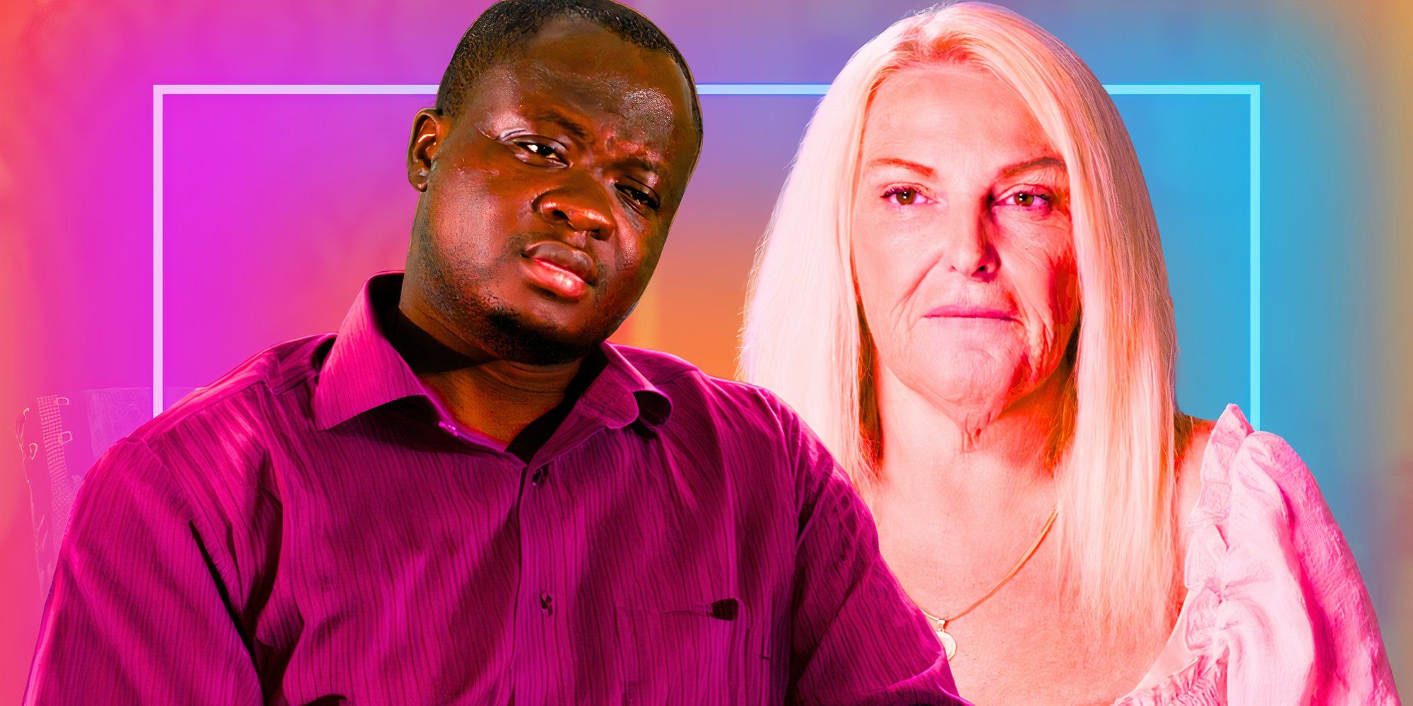 Montage Of Michael Ilesanmi Angela Deem looking sad 90 Day Fiancé franchise with neon purple and blue background